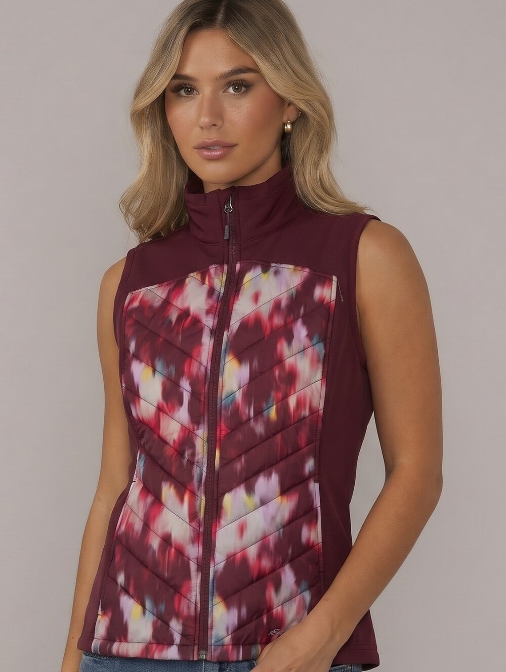 Eddie Bauer Womens Outdoor Hybrid Burgundy Tie Die Puffer Vest. Size XL